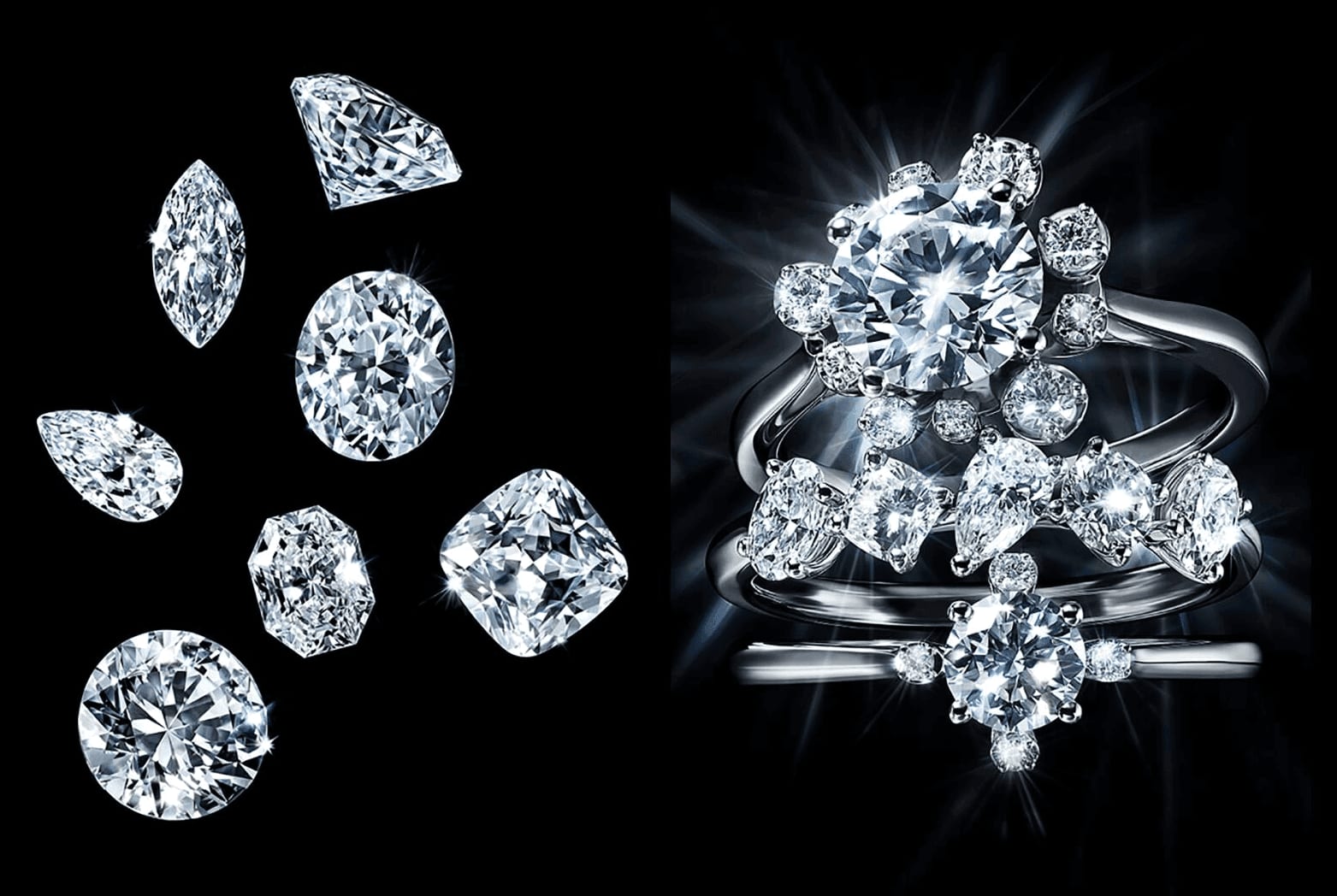 A scattering of brilliant-cut diamonds catching the light